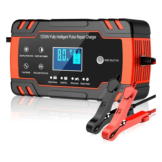 Smart Car Battery Charger 8A 12V/24V w/ LCD Screen & Pulse Repair Technology
