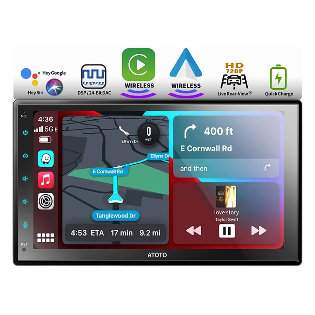 Autoradio Atoto F7 WE 7 pouces, écran tactile complet, Carplay et Android Auto sans fil, contrôle vocal, charge rapide, Bluetooth, rétroviseur HD en direct