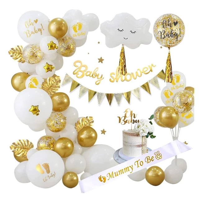 White & Gold Baby Shower Decorations with Mummy to Be Sash & Printed Balloons