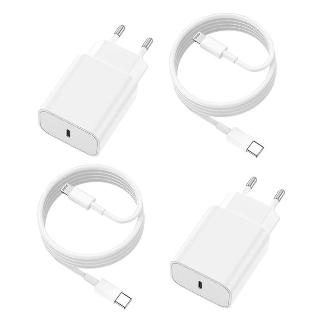 Caricabatterie Veloce 2 Pack 20W USB C per iPhone - Con Cavo di Ricarica Originale 2m - Spina di Ricarica USBC - Alimentatore con Tipo C Cavo