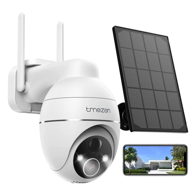 Caméra de surveillance solaire sans fil TMEZON 2K avec vision nocturne, détection de mouvements et alarme - 360°