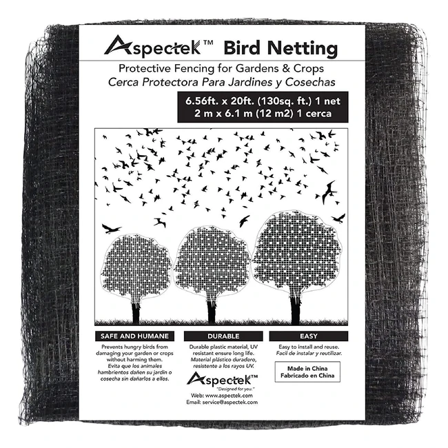 Redes de protección para jardines Aspectek - 30m de largo - Malla antipájaros para huerta y paisajes - Negro