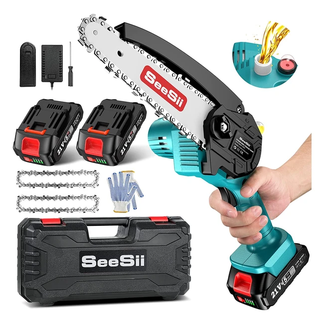 Seesii 6inch Mini Chainsaw - Cordless, Powerful 880W Motor, 2x2000mAh Batteries, Oiler System, Safety Lock - Perfect for Wood Cutting and Tree Trimming