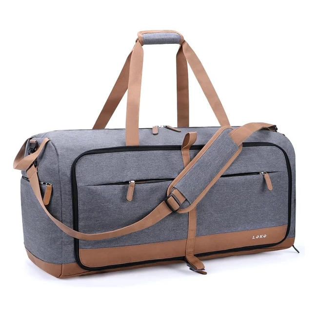 Lekesky 60L Travel Duffle Bag - Water Resistant, Foldable, with Shoe Compartment for Women and Men - Grey