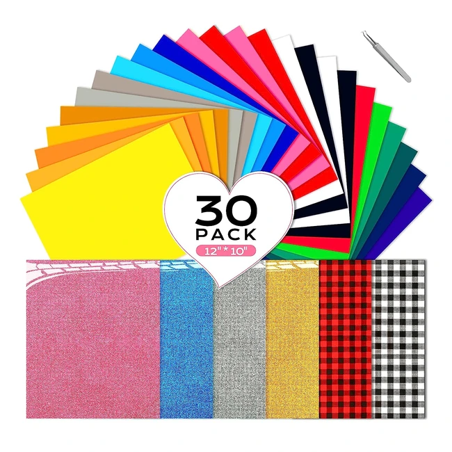 Chepula HTV Heat Transfer Vinyl Bundle - 30 Pack 12x10 Glitter Colors for DIY Tshirt Clothes Hats and Textiles