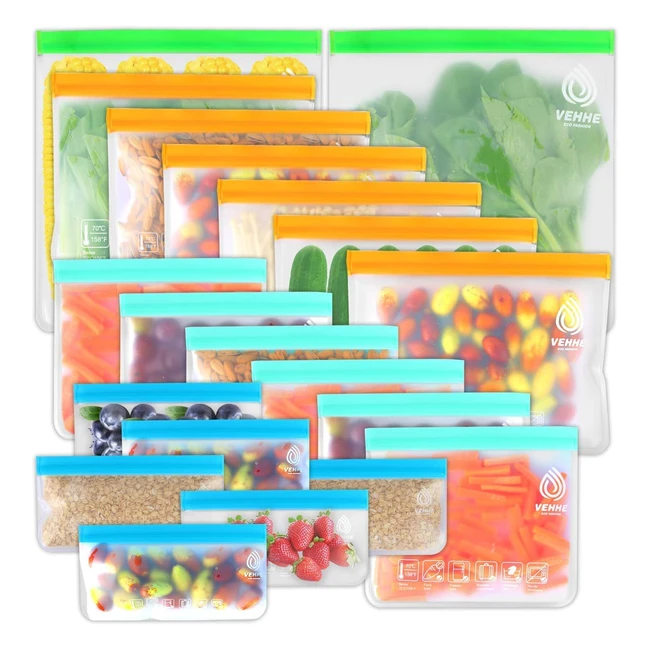 Vehhe 20 Pack Reusable Food Storage Bags - 2 Gallon Freezer Bags, 6 Sandwich Bags, 6 Ziplock Bags, 6 Snack Bags - Leakproof Lunch Bags for Travel, Jewelry, Makeup
