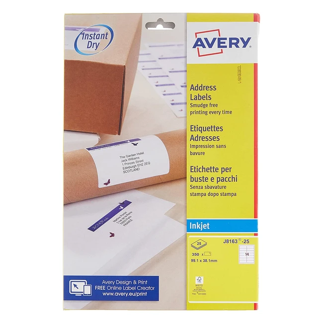 Etiquetas Avery J816325 Blancas para Impresora Inkjet - Caja de 350 - Calidad de