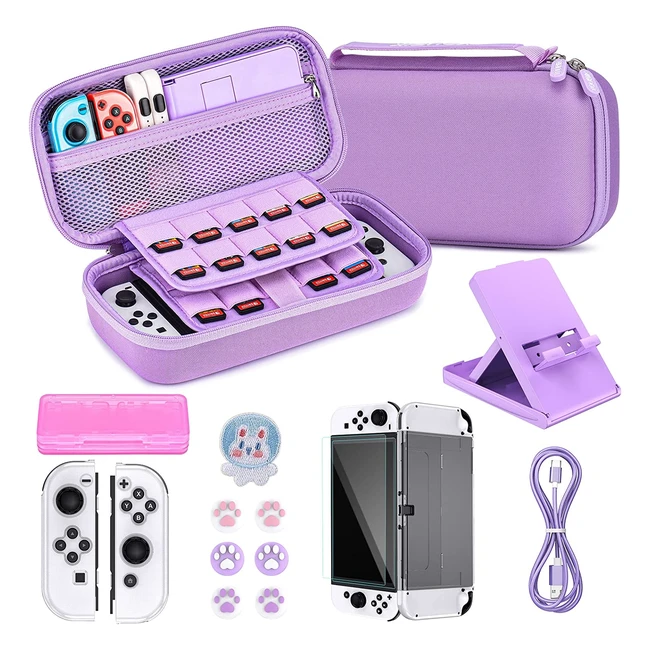 Younik Switch OLED Accessories Bundle - 16 in 1 Kit with Carrying Case, Screen Protectors, Protective Covers, Stand, and More