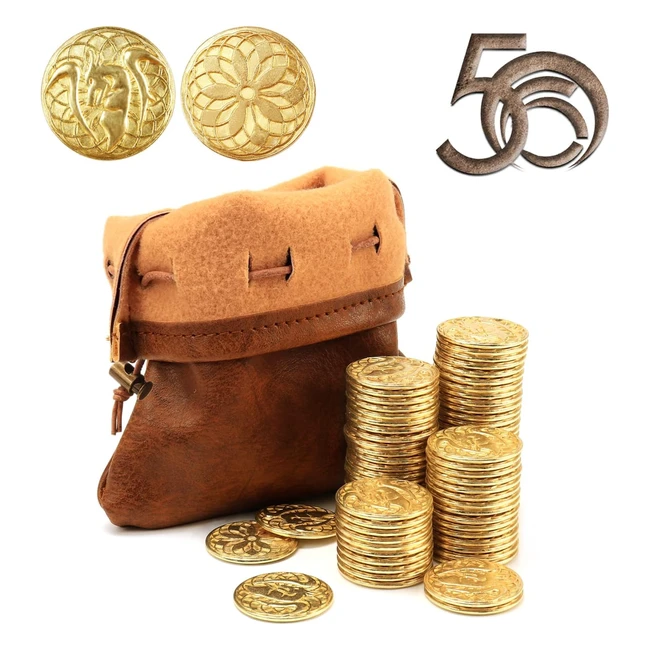Set di Monete in Metallo Fantasia Byhoo - 50 Monete d'Oro Magiche per Giochi di Società TRPG con Borsa in Pelle