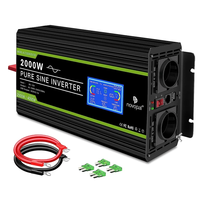 Novopal 2000W KFZ Reiner Sinus Wechselrichter - 2 Steckdosen, 1 USB-Port, 5m Fernbedienung