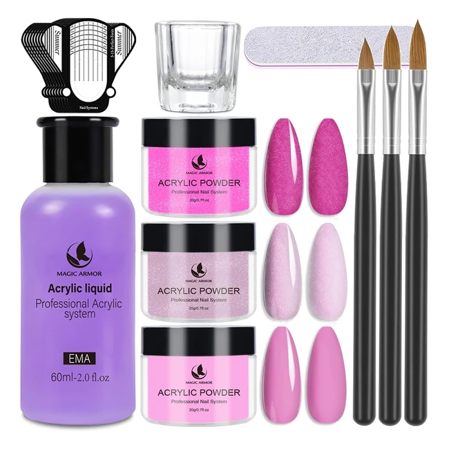 Kit professionnel pour ongles en acrylique Magic Armor - 3 couleurs de poudre et liquide acrylique, paillettes et brosse incluse