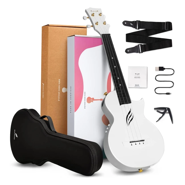 Ukelele eléctrico Enya 23'' concierto hawaiano en fibra de carbono con accesorios blancos