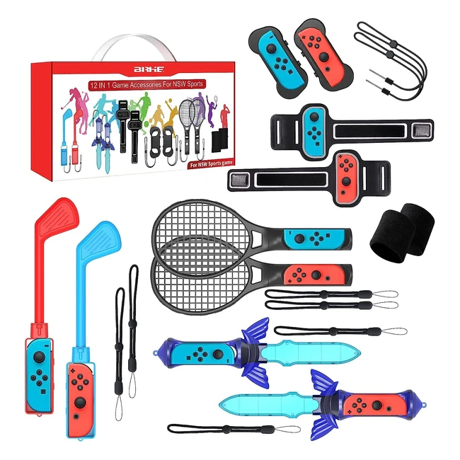 Kit Accessori Nintendo Switch 12 in 1 - Mazze da Golf, Racchette da Tennis, Cinturini da Polso e Gambe, Spade, Custodie Comfort Grip