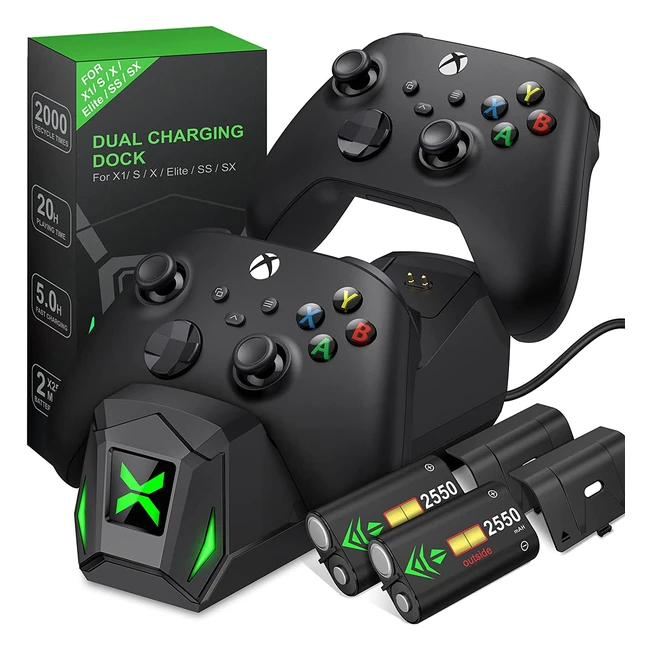 Heylicool Xbox Controller Charger Dock with 2x 2550mAh Rechargeable Batteries - Dual Charging Station for Xbox Series X/S, Xbox One X/S, Elite - Save Money and Enjoy Nonstop Gaming