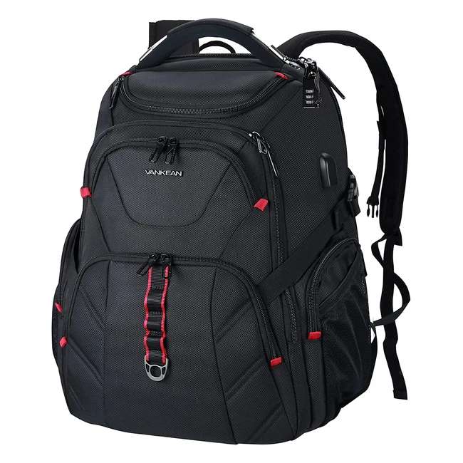 Vankean 173 Travel Laptop Backpack - Water Resistant, Anti-Theft, RFID Pockets, USB Port - Black