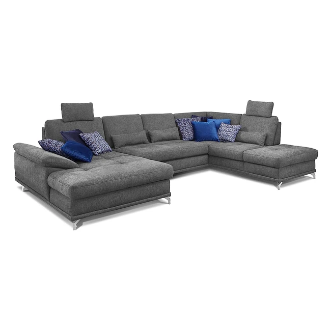 Cavadore Wohnlandschaft Castiel mit Federkern, U-Form, Bett & Kopfstützen - Webstoff Grau