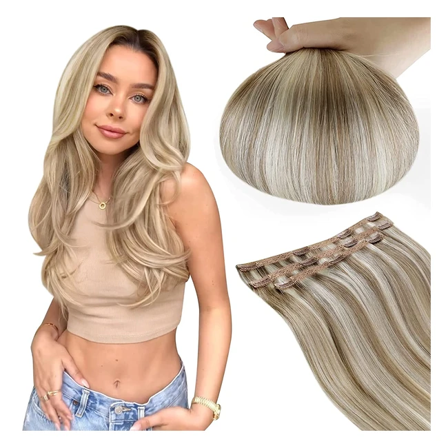 Runature Echthaar Clip-In Remy Haarverlängerungen - Silky Ash Brown mit Platinum Blonde Double Weft Extensions - 8p60 - 40cm