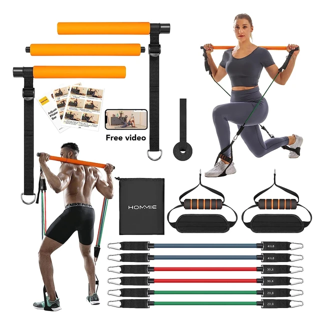 Kit de barre de Pilates Hommie avec 6 bandes de résistance en latex - Sculptez votre corps avec cette barre 3 sections pour yoga, étirements, torsions et squats