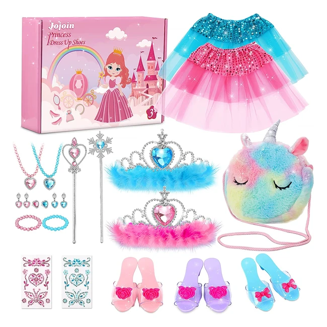 Chaussures de Princesse Jojoin pour Filles avec Accessoires - 3 Paires de Chaussures, 1 Sac Licorne, 2 Jupes, Bijoux - Carnaval, Halloween, Noël - 3 à 6 Ans