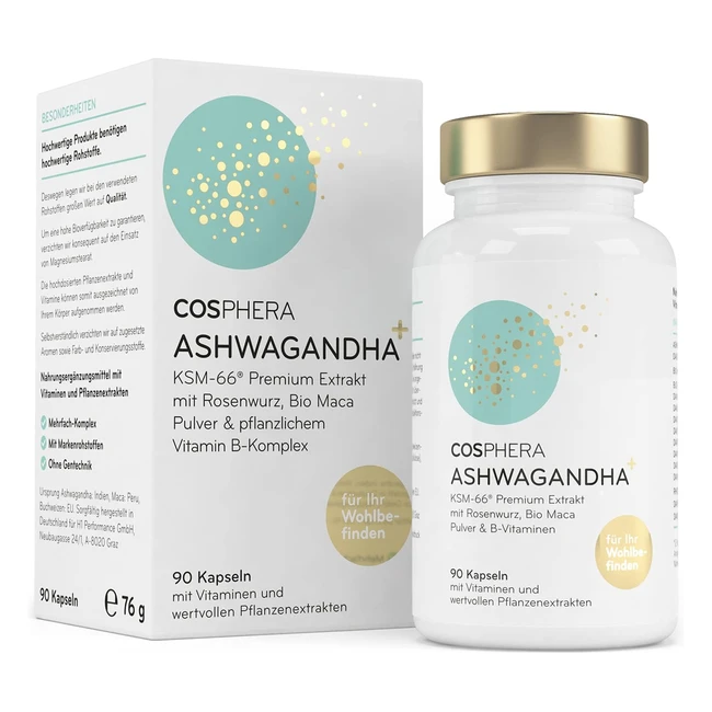 Cosphera Ashwagandha Kapseln - 500mg hochdosiertes, veganes KSM66 Ashwagandha Extrakt mit Rhodiola Rosea & Maca Pulver - B-Vitamine wie Biotin & Folsäure - 90 Kapseln