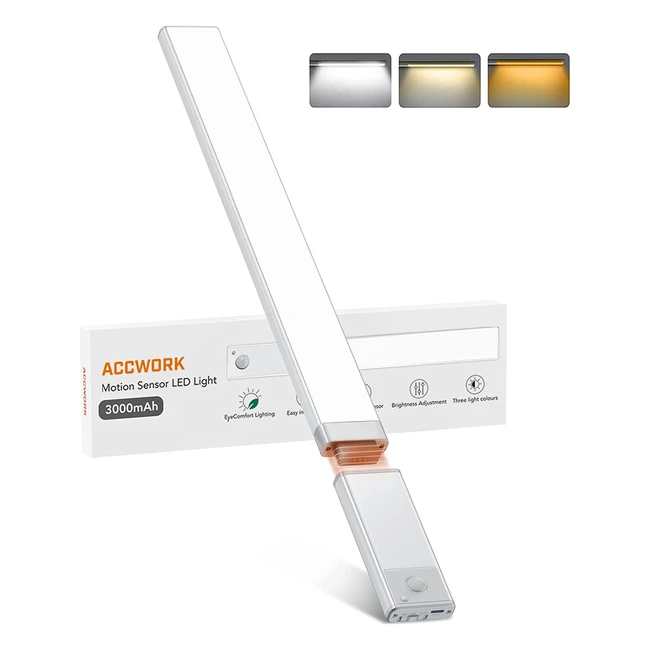 Réglette LED rechargeable sans fil Accwork 54cm - détecteur de mouvement - 3 couleurs d'éclairage