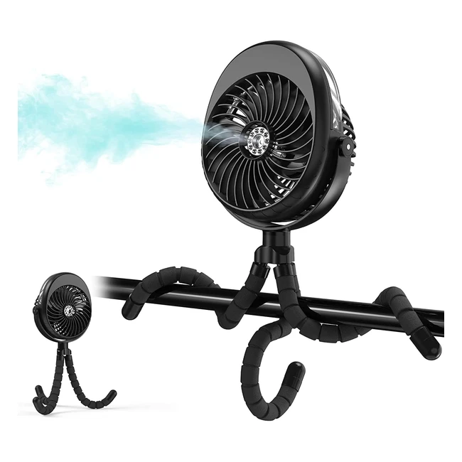 Ventilador de Cochecito Nebulizador Recargable 2600mAh con Trípode Flexible - 3 Velocidades - Giratorio 360 - Ideal para Gimnasio y Casa
