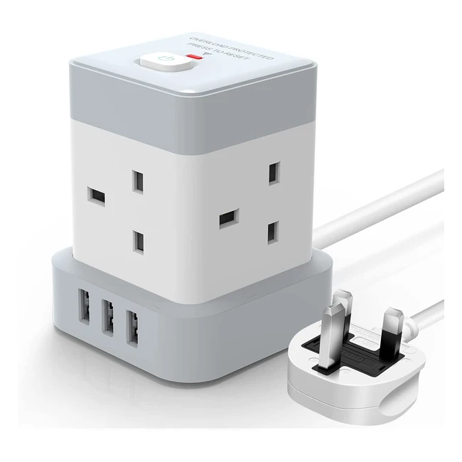 Baykul Cube Extension Lead 4m - 4 Way Plug with 3 USB Ports - Multi Plug Extension Cord for Home Office Travel