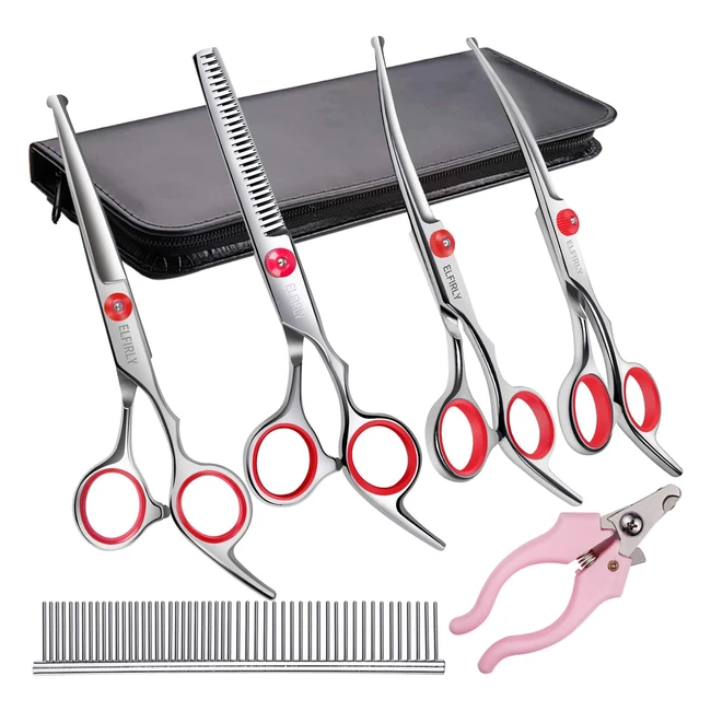 Professional Dog Grooming Scissors Kit - Stainless Steel, Rounded Tips, Curved Blades, with Nail Clippers for Dogs and Cats