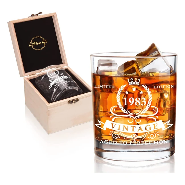 40th Birthday Whiskey Glass in Valued Wooden Box - Perfect Gift for Men - Limited Edition 1983 Vintage Aged to Perfection