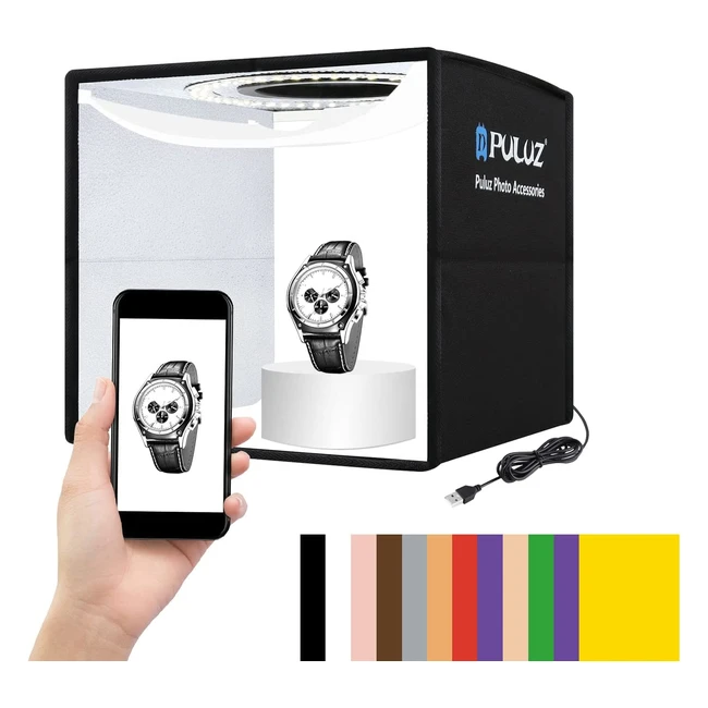 Puluz Mini Studio Light Box - Foldable  Dimmable LED Ring Light - 12 Color Back