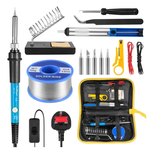Soldering Iron Kit 60W with Adjustable Temp, 5 Tips, Desoldering Pump, Wire Stripper, Cutter, Stand, Tool Case