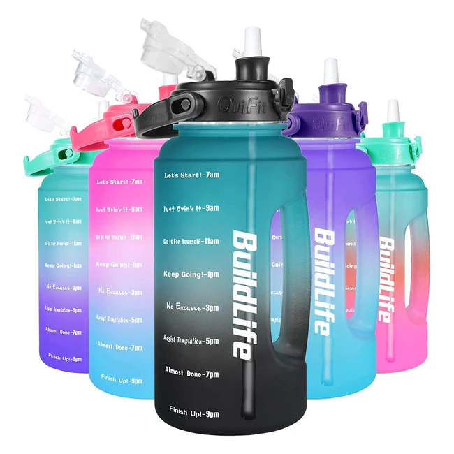 Buildlife 22L Water Bottle with Removable Straw, Motivational Time Markings, BPA Free, Leakproof, Reusable, Large Sports Drinks Half Gallon Water Jug for Gym Travel - Green/Black Gradient