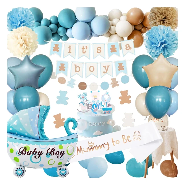 Décoration Baby Shower Garçon - Arche de Ballon Bleu, Beige, Marron - It's a Boy - Lettre Bannière - Pompons en Papier - Révélation de Genre Décoration