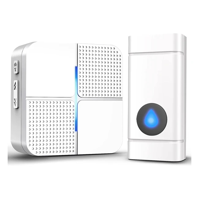 Wireless Waterproof Doorbell Kit - 1000ft Range, 52 Chimes, 4-Level Volume, Blue Light - Home/Office Cordless Doorbells