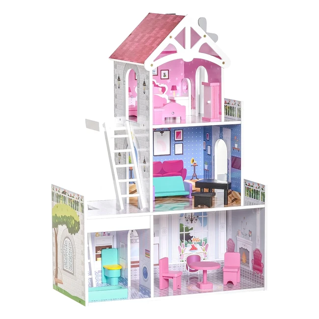 Homcom Puppenhaus mit Möbeln 3 Etagen großes Spielset für Kinder ab 3 Jahren - Pink