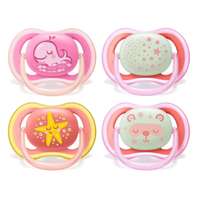 Philips Avent Ultra Air Soother - Pack of 4, SCF376/16, Pink/Yellow, Breathable & Glow-in-the-Dark