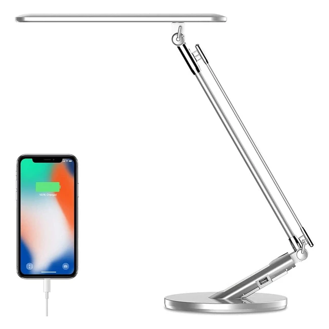 JUKSTG LED Desk Lamp - Eye-Caring, 7 Brightness Levels, 4 Lighting Modes, USB Charging Port, 1H Auto Timer, Blue Light Filter - Silver