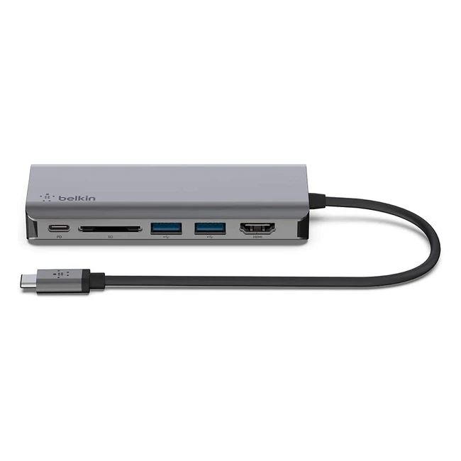 Belkin Hub USB-C Dock Adattatore Multiporta 6 in 1 con HDMI 4K, Alimentazione Passante USB-C PD 100W, 2 porte USB-A, Gigabit Ethernet e Slot SD per MacBook Pro, Air, iPad Pro, XPS e altri