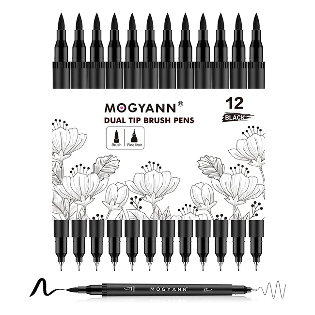 Mogyann Felt Tip Pens 12 Pack - Black Markers for Art Drawing Sketching - Dual