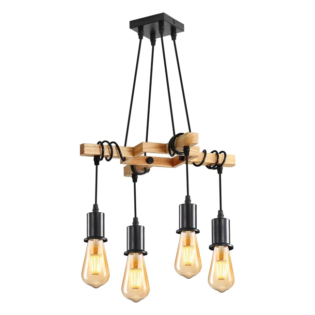 Lustre vintage suspension rétro en bois et métal noir - 4 ampoules E27 max 60W pour salon ou restaurant