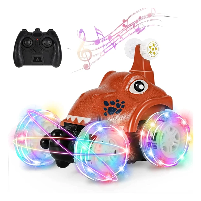 Kizeefun Dinosaur RC Stunt Car - 360 Rolling Twister with Colorful Lights & Music - Rechargeable for Kids