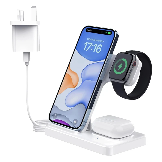 Pugo Top 3-in-1 Wireless Charger - 15W Fast Charging Station for iPhone, iWatch, AirPods - Compatible with Samsung and Qi-Certified Phones - White