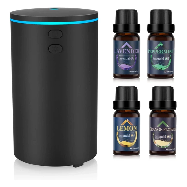 Difusor Aceites Esenciales 60ml - Mini Humidificador Ultrasónico de Niebla Fría con 7 Luces LED - USB - Silencioso - Para Coche y Oficina - Negro