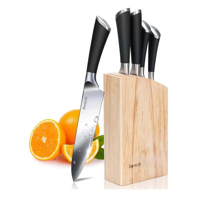 Set Coltelli da Cucina 6 Pezzi in Acciaio Inossidabile Tedesco con Ceppo in Legno - Coltello da Chef, Coltello da Pane, Coltello Multiuso e Altro