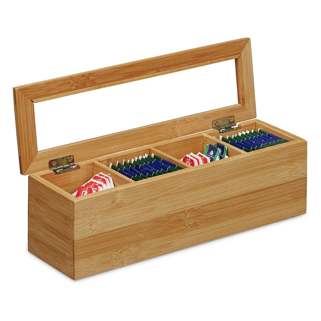 Boîte à thé Relaxdays 10020542 en bambou naturel avec 4 compartiments pour préserver les arômes
