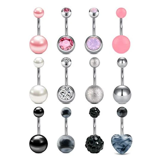 12 Pack Stainless Steel Belly Button Rings - High Quality & Hypoallergenic - 14g 10mm - Silver, Pink, Blue
