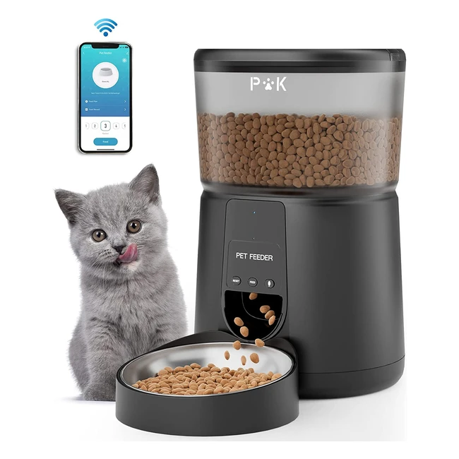 Dispensador automático de comida para gatos y perros - Puppy Kitty 4L WiFi 24G App Connect Grabación de voz 10s Negro