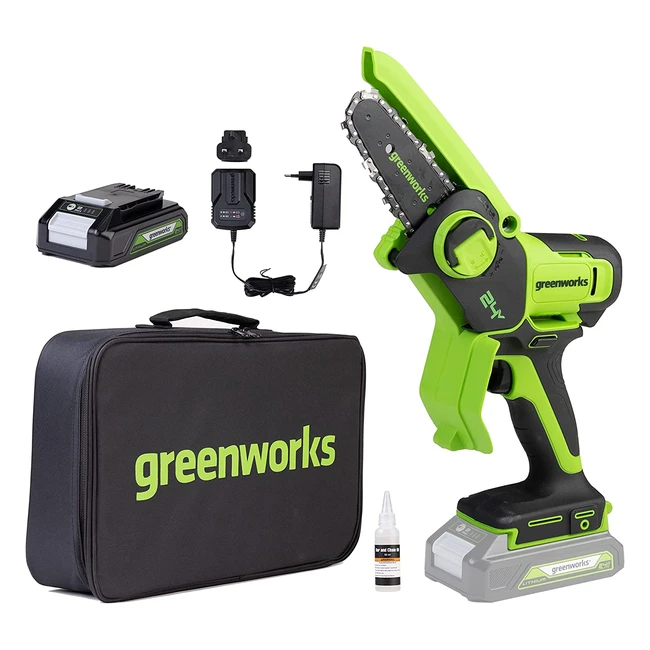 Greenworks 24V Minikettensäge 10cm - Kabellose Akkukettensäge mit 2Ah Akku - 78m/s Kettengeschwindigkeit - Elektrokettensäge für Baumzweige, Gartenarbeiten, Hof und Haushalt