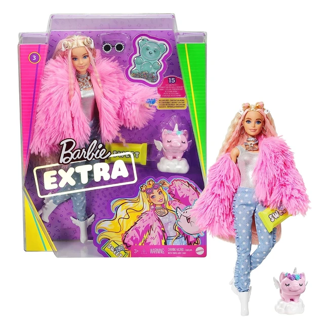 Barbie GRN28 - Extra Puppe mit flauschigem pinkem Mantel, Einhornschweinchen und langen welligen Haaren - Geschenk für Kinder ab 3 Jahren