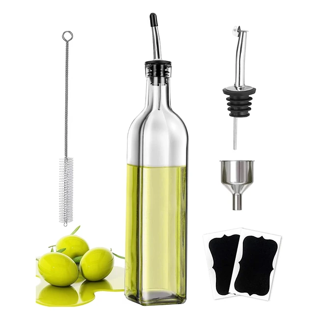 500ml Glass Olive Oil Dispenser Set with Pour Spout, Funnel, and Name Stickers - Perfect for Kitchen Cooking